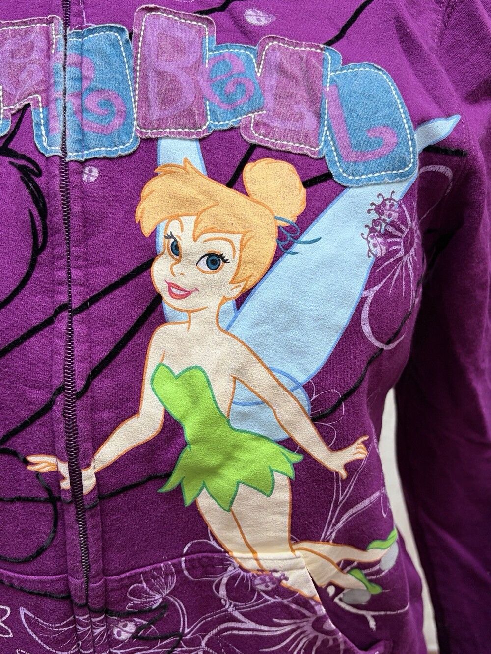 Disney Tinker Bell Purple Full Zip Hooded Hoodie Graphic Print Pockets Size L - Picture 2 of 7